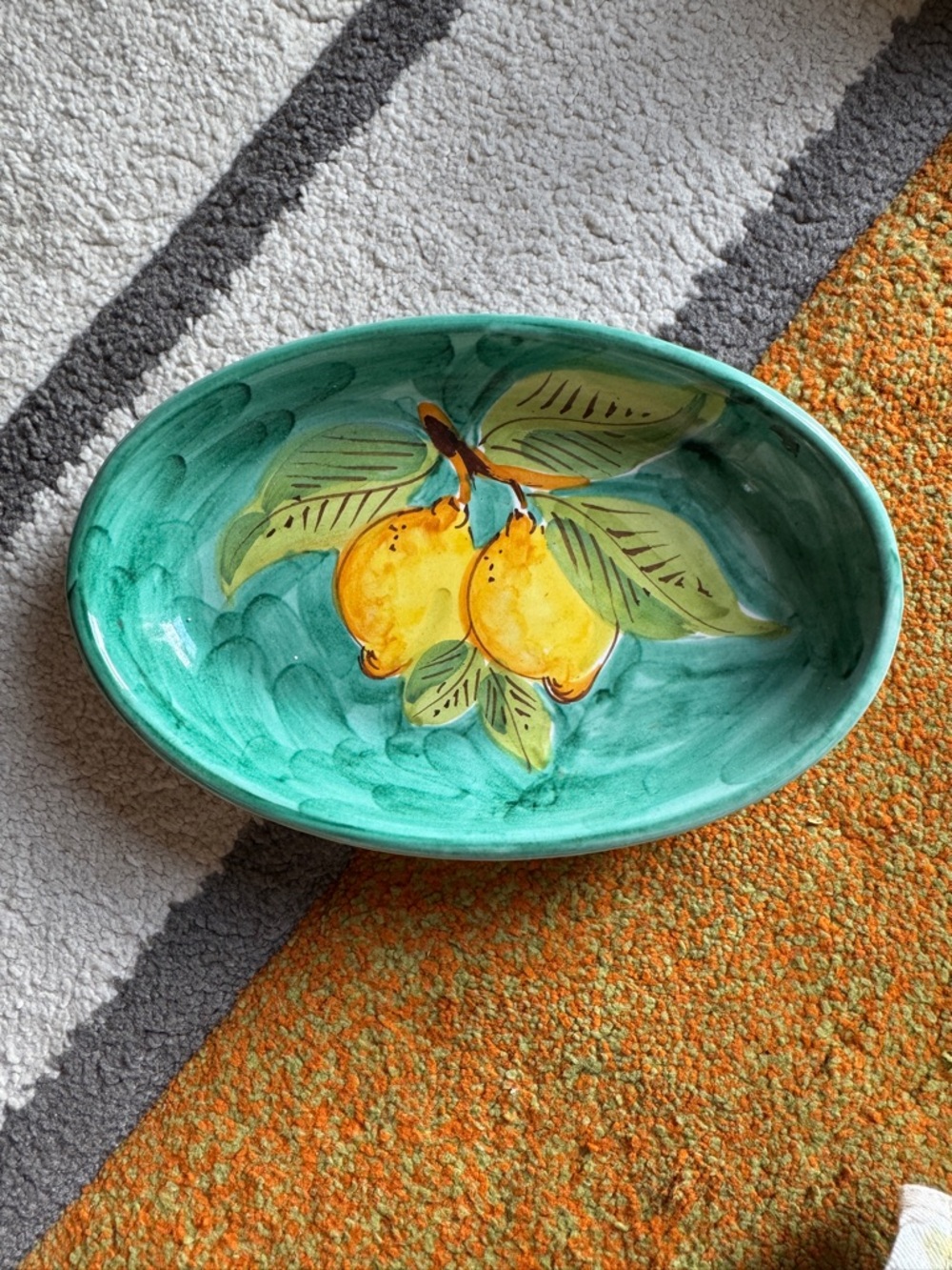 Italian Hand-Painted Teal Ceramic Serving Bowl with Yellow Lemon Motif